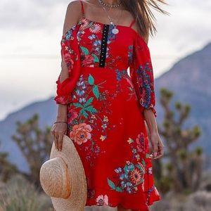 Red Floral Clasp-Accent Off-Shoulder Midi Dress